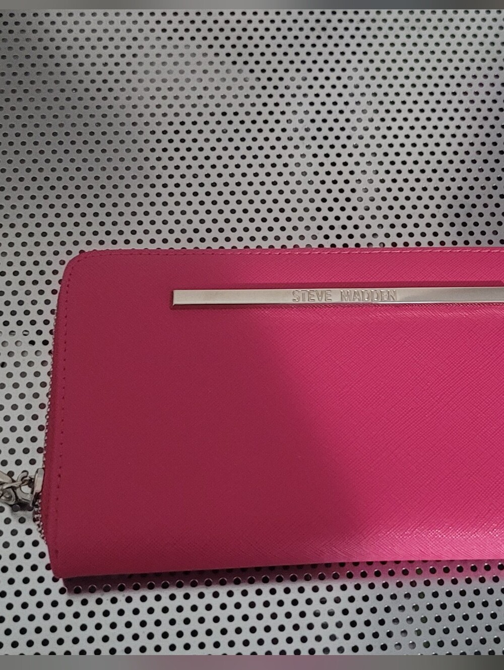 Steve Madden Hot Pink Zip-Around Wallet with Metal Logo Bar